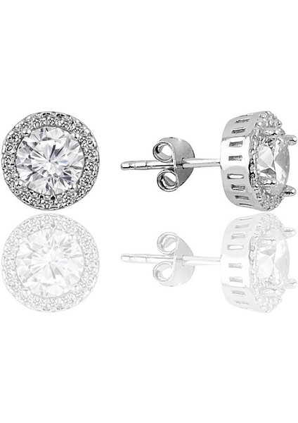 Gümüş Zirkon Taşlı Yuvarlak Pırlanta Montürlü Gümüş Küpe