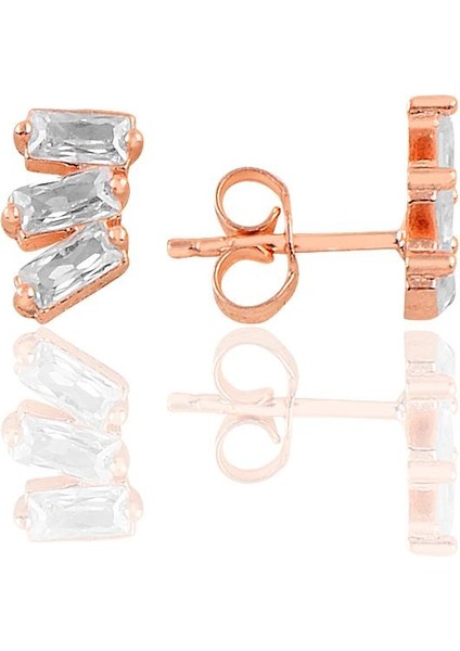 Gümüş Rose Üç Baget Taşlı Küpe