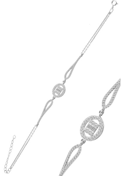 Gümüş Rodyumlu Oval Düz Baget Taşlı Bileklik.