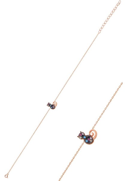 Gümüş Rose Renkli Taşlı Kedi Bileklik