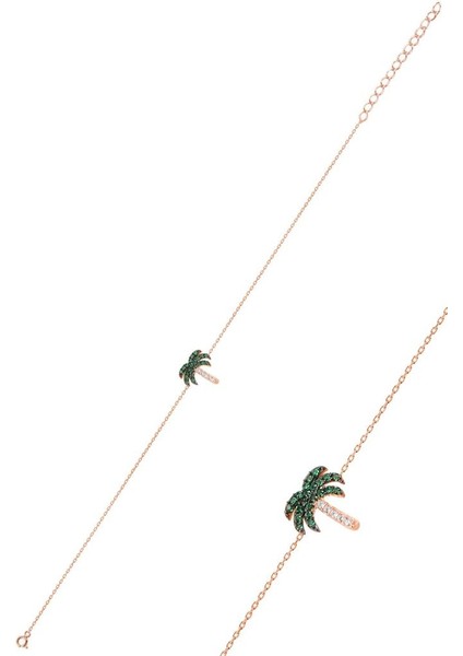 Gümüş Rose Yeşil Taşlı Palmiye Bileklik