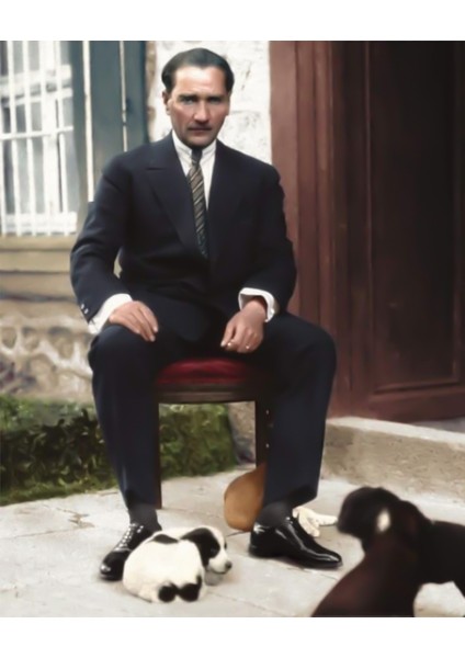 Atatürk ve Yavru Köpekler Renkli Dijital Baskı (50X70 Cm) Kanvas Tablo TBL1784