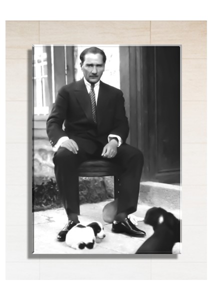 Atatürk ve Yavru Köpekler Siyah Beyaz Dijital Baskı (60X80 Cm) Kanvas Tablo TBL1786