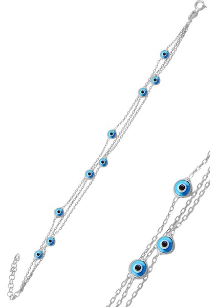 Gümüş Rodyumlu , Cam Göz Nazar Üç Zincirli Gümüş Bileklik