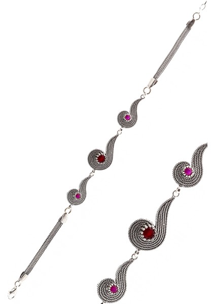 Yakut Taşlı Kıvrık Tasarım Telkari Kadın Gümüş Bileklik