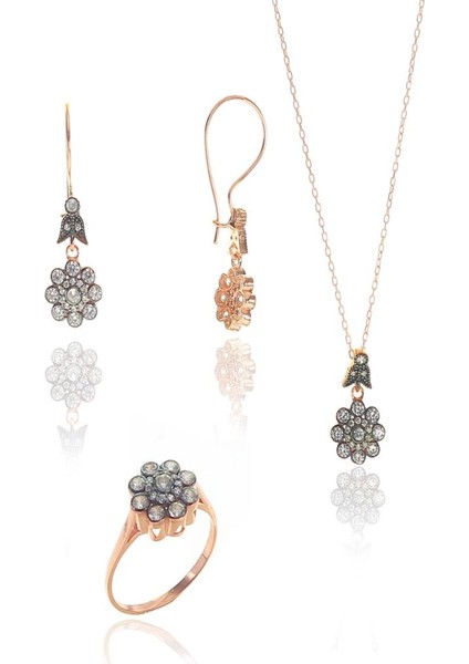 Gümüş Rose Zirkon Taşlı Elmas Montürlü Çiçek Modeli Set