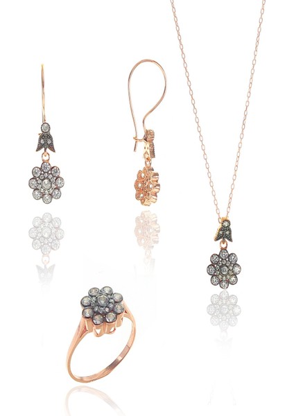 Gümüş Rose Zirkon Taşlı Elmas Montürlü Çiçek Modeli Set