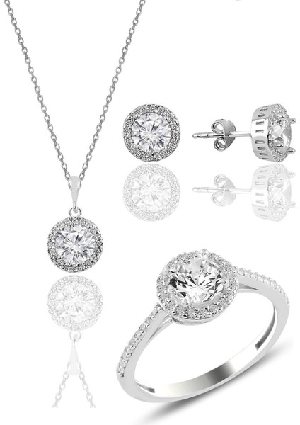 Gümüş Rodyumlu Zirkon Taşlı Yuvarlak Üçlü Set