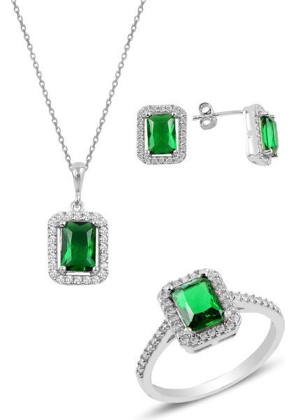 Gümüş Rodyumlu Kök Zümrüt Baget Taşlı Üçlü Set