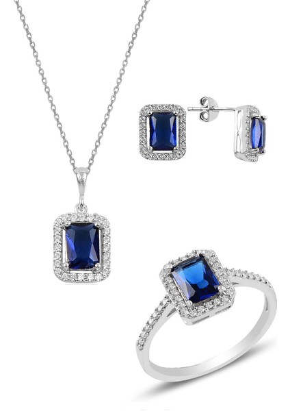 Gümüş Rodyumlu Safir Baget Taşlı Üçlü Set