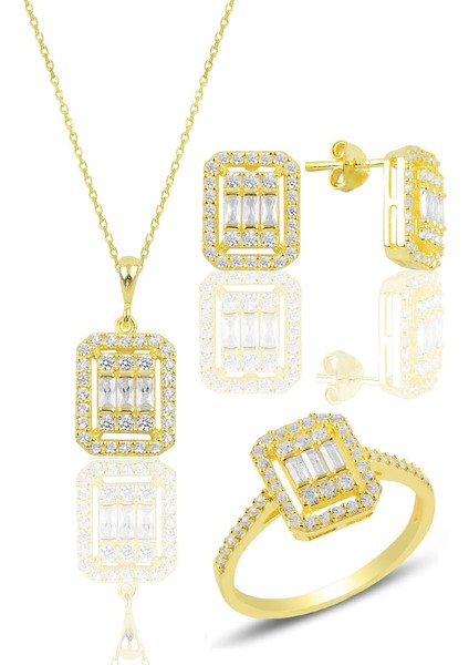 Gümüş Altın Yaldızlı Gümüş Baget Taşlı Üçlü Set