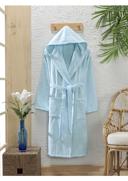 Pamuklu Kadife Kapüşonlu Unisex Mint Bornoz-Lara Mint Kapşonlu Bornoz