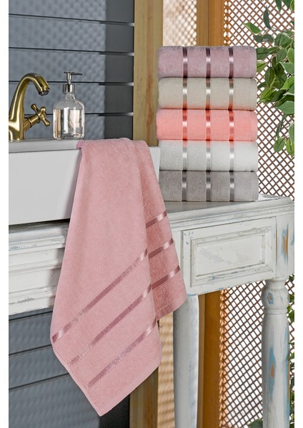 Kadife Line Floşlu Soft 6lı (Pudra-Lila-Krem-Nar Çiçeği-Beyaz-Açık Gri) Havlu Seti