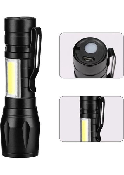 PT-4140 Süper Parlak Cob Zoomlu LED El Feneri USB Şarjlı 3 Mod Şarjlı 3 Watt 600 Lümen