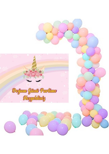 Unicorn Makoron Balon Zincir Set 50x70 Cm Çiçekli Uınicorn Afiş