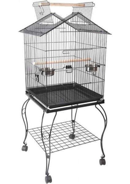 H01 Sehpalı Papağan Kafesi Dövme Demir Siyah 51X51X127CM