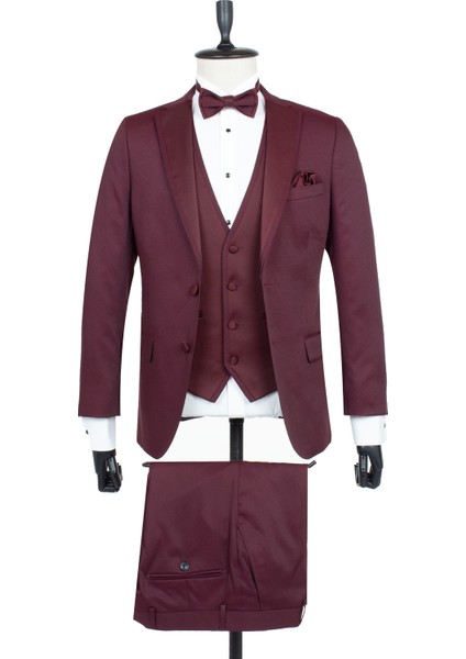 Bordo Armürlü Mono Yaka Astarlı Yelekli 6 Drop Slim Fit Smokin Damatlık 1001195219