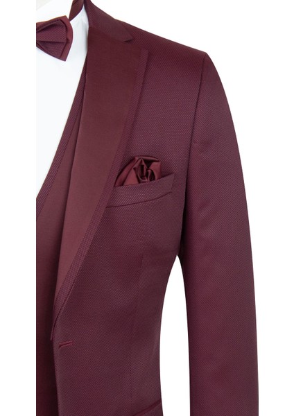 Bordo Armürlü Mono Yaka Astarlı Yelekli 6 Drop Slim Fit Smokin Damatlık 1001195219