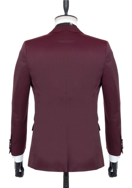 Bordo Armürlü Mono Yaka Astarlı Yelekli 6 Drop Slim Fit Smokin Damatlık 1001195219