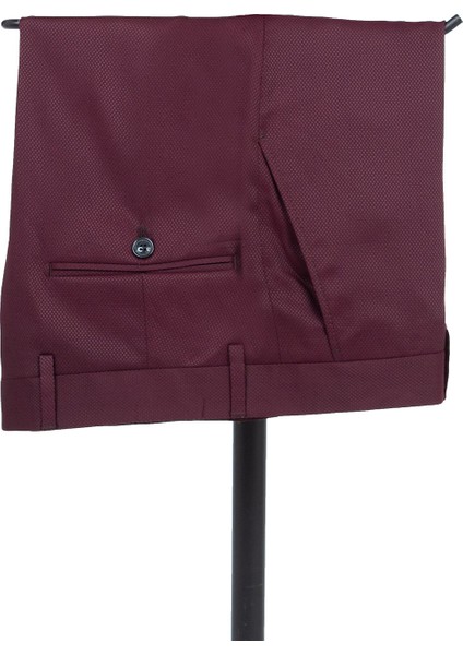Bordo Armürlü Mono Yaka Astarlı Yelekli 6 Drop Slim Fit Smokin Damatlık 1001195219