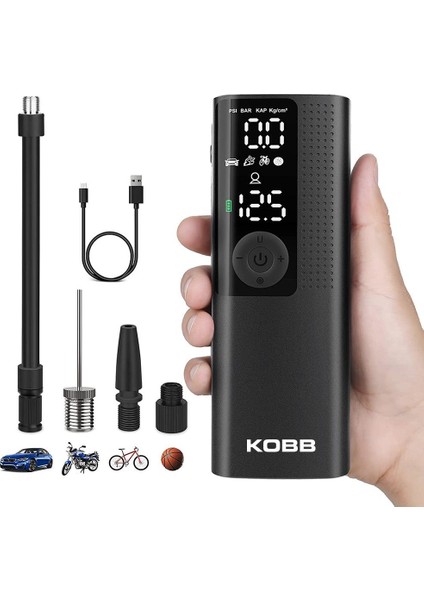 Kobb KB410 Şarjlı Li-Ion 120 Psı Taşınabilir Dijital Basınç Göstergeli LED Aydınlatmalı Akıllı Lastik Şişirme Pompası