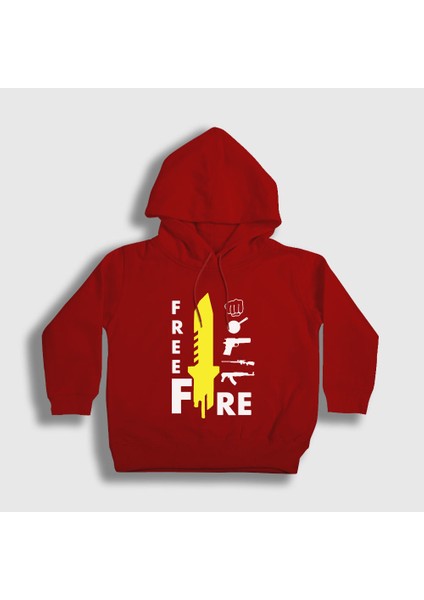 Unisex Çocuk Kırmızı Knife Free Fire Kapüşonlu Sweatshirt