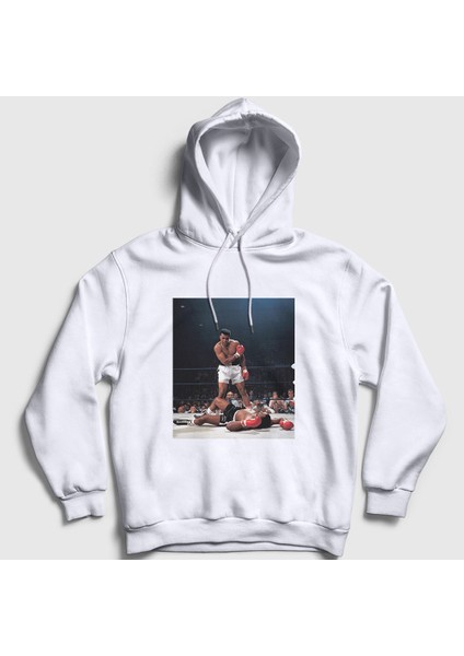 Unisex Beyaz Knockout Muhammed Ali Kapüşonlu Sweatshirt