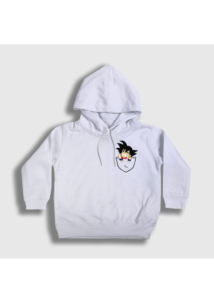 Unisex Çocuk Beyaz Pocket Goku Anime Dragon Ball Kapüşonlu Sweatshirt