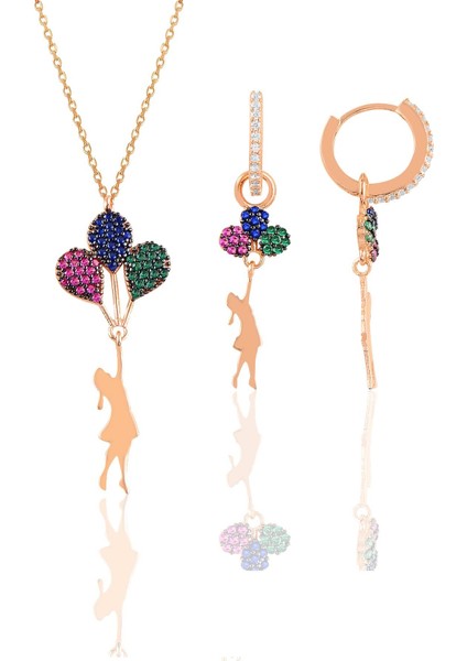 Gümüş Rose Balonlu Kız Kolye ve Küpe Gümüş Set