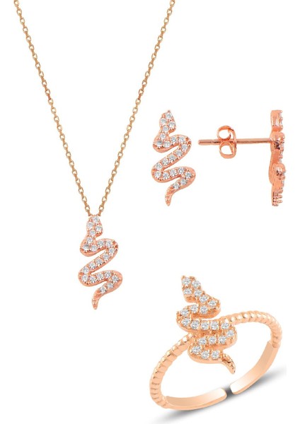 Gümüş Rose Yılan Kolye Küpe ve Yüzük Seti