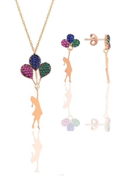 Gümüş Rose Balonlu Kız Kolye ve Küpe Gümüş Set