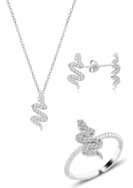 Gümüş Rodyumlu Yılan Kolye Küpe ve Yüzük Seti