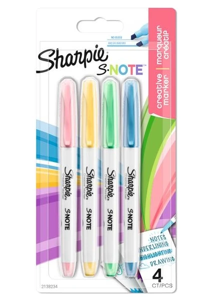 SHARPIE SNOTE Fosforlu Kalem, Kesik uç, 4'lü Karışık Renk