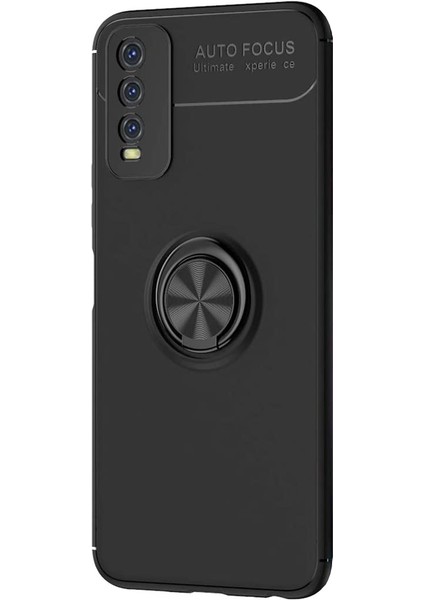 Vivo Y20 - Y20S Focus Serisi Yüzük Standlı Silikon Kılıf - Siyah