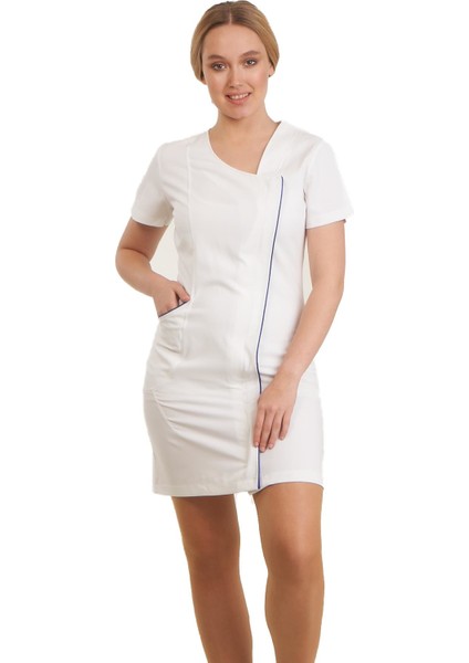 Asimetrik Doktor Önlüğü Eczacı Önlüğü Hemşire Önlüğü Estetisyen Önlüğü Kısa Kol Beyaz Kadın Elbise