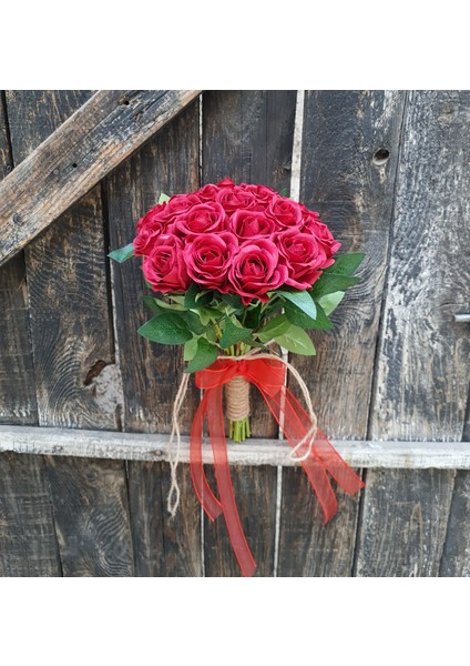 Gelin Buketi Kırmızı Kadife Gül Damat Yaka Çiçeği