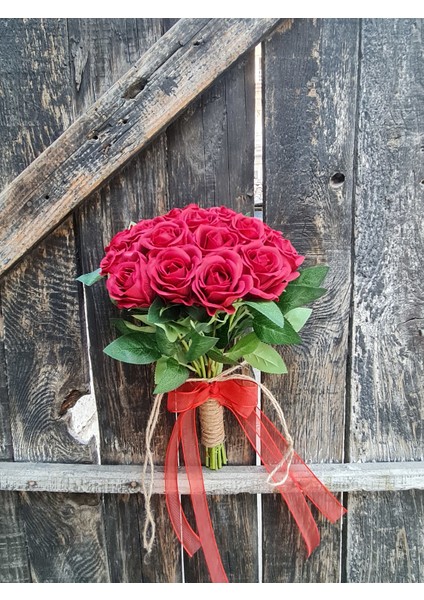 Gelin Buketi Kırmızı Kadife Gül Damat Yaka Çiçeği