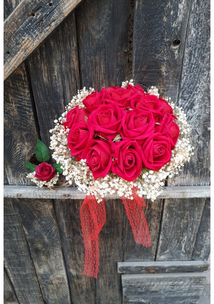 Gelin Buketi Kırmızı Renk Iri Kadife Gül Damat Yaka Çiçeği