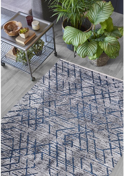 Modern Antrasit Zemin Mavi Çizgili Yıkanabilir Halı HLN1419 fiyatları
