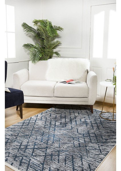 Modern Antrasit Zemin Mavi Çizgili Yıkanabilir Halı HLN1419