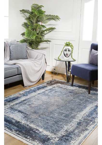 Modern Gri ve Mavi Renk Yıkanabilir Halı HLN1230