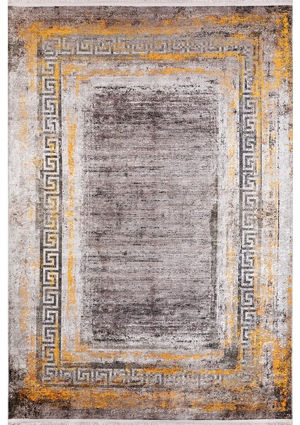 Modern Kahverengi Zemin Sarı Bordür Detaylı Yıkanabilir Halı HLN1202