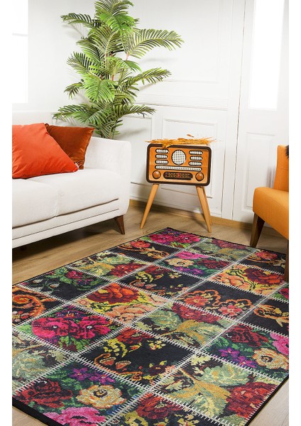 Patchwork Siyah Zemin Renkli Yıkanabilir Halı HLN298