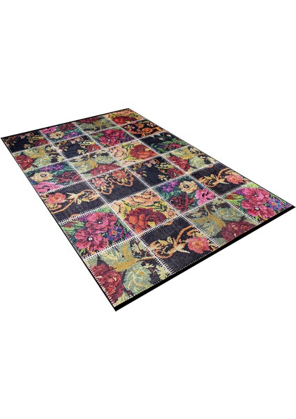 Patchwork Siyah Zemin Renkli Yıkanabilir Halı HLN298
