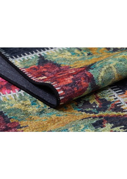 Patchwork Siyah Zemin Renkli Yıkanabilir Halı HLN298