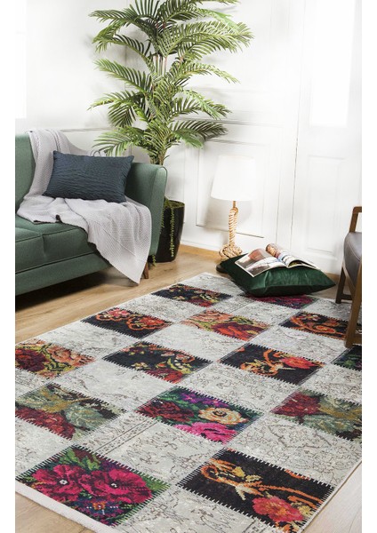 Patchwork Beyaz Zeminli Renkli Yıkanabilir Halı HLN188