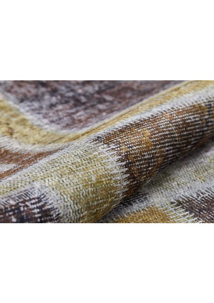 Patchwork Yeşil ve Kahverengi Kare Detaylı Yıkanabilir Halı HLN183 indirimleri