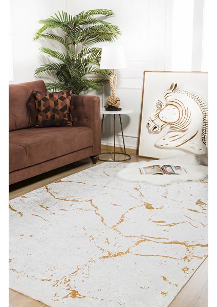Modern Mermer Desen Gold Renk Yıkanabilir Halı HLN936