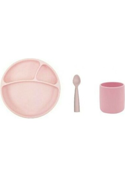 Vakum Tabanlı Porsiyon Tabak Silikon Bardak Nam Nam Kaşık Pembe