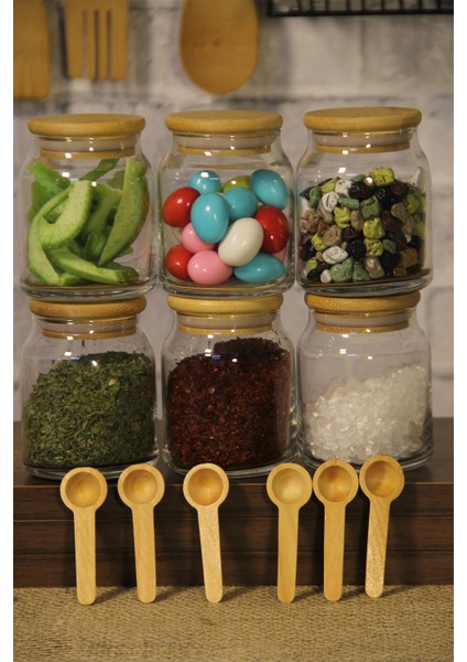 6' Lı 300 ml Bambu Kapaklı Bambu Kaşıklı Baharatlık Seti Cam Kavanoz Baharat Takımı